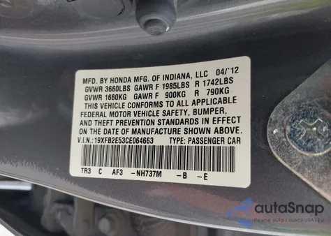 2012 Honda Civic Lx from USA, damaged, VIN 19XFB2E53CE064663